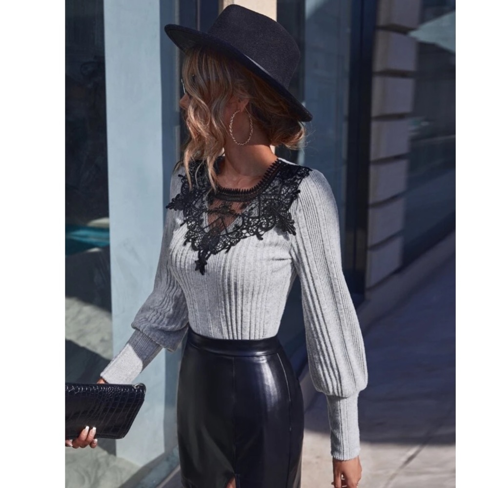 Gray Ribbed Contrast Lace Sweater - Picture 4 of 6